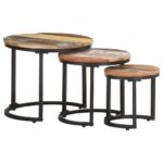 Set of 3 Solid Reclaimed Wood Side Tables with Iron Base  Industrial Charm  Nesting Design