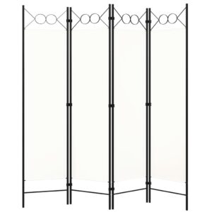 Four Panel Room Divider in Cream White with Elegant Circle Design  Iron Frame and Fabric Screens