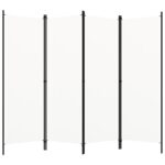 Freestanding 4-Panel Room Divider in Cream White - Iron Frame with Fabric Screens