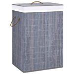 Grey Bamboo Laundry Basket with Two Sections  Removable Liner  Lightweight  Portable  Collapsible