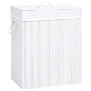 White Bamboo Laundry Basket with Two Sections  Removable Liner  Lightweight  Portable  Collapsible