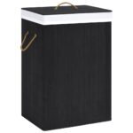 Black Bamboo Laundry Basket with Two Sections  Removable Liner  Lightweight  Portable