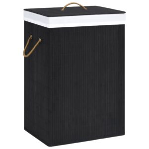 Black Bamboo Laundry Basket with Two Sections  Removable Liner  Lightweight  Portable