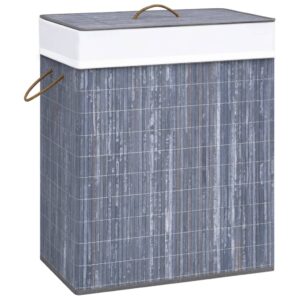 Grey Bamboo Laundry Basket with Single Section  Removable Liner  Lightweight  Portable