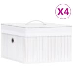 White Bamboo Storage Boxes Set of 4  Woven Fabric  Collapsible  Lightweight  Portable