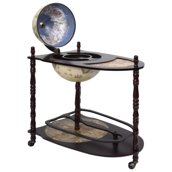 Freestanding Globe Bar Wine Stand Eucalyptus Wood Green with Nautical Map and Renaissance Art