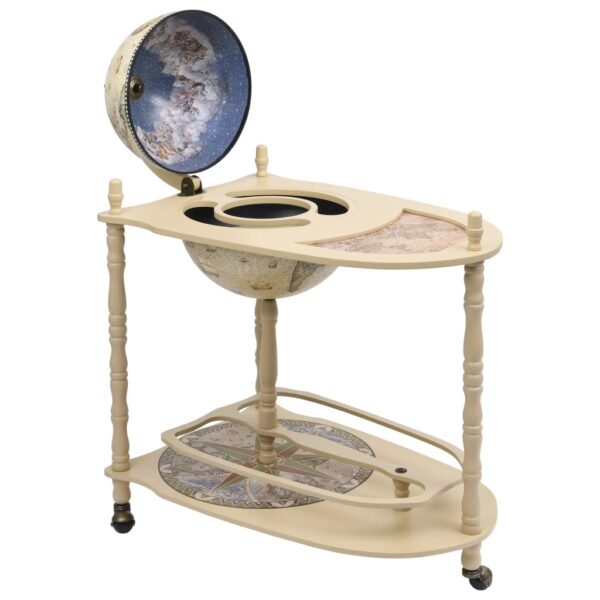 Freestanding Globe Bar Wine Stand in Eucalyptus Wood Green with Nautical Map and Renaissance Art