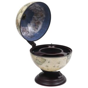 Tabletop Globe Bar Wine Stand  Eucalyptus Wood  Green  Antique Nautical Maps  Rotating Storage