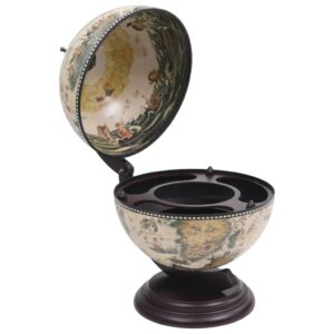 Tabletop Globe Bar Wine Stand  Eucalyptus Wood  White  Antique Replica Frescoes  Rotating