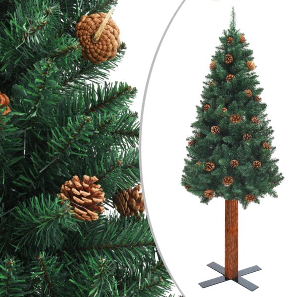 Green Slim Christmas Tree with Real Wood and Cones  PVC  Indoor and Outdoor Use  150 cm