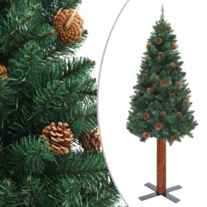 Green Slim Christmas Tree with Real Wood and Cones  PVC Material  Indoor and Outdoor Use  180 cm Height