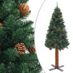 Green Slim Christmas Tree with Real Wood and Cones  Lifelike PVC  Indoor and Outdoor Use