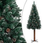 Green Slim Christmas Tree with Real Wood  White Snow  Lifelike PVC  Indoor and Outdoor Use