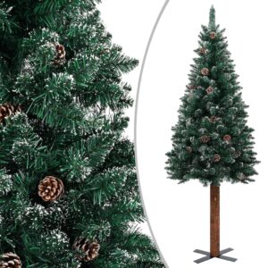 Green Slim Christmas Tree with Real Wood  White Snow  Decorative Cones  Indoor and Outdoor Use