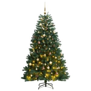 Artificial Hinged Christmas Tree with LED Lights and Ball Set - Green  PVC  Metal  180cm