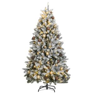 Artificial Hinged Christmas Tree with LED Lights and Ball Set  Snow Flocked  Green and White