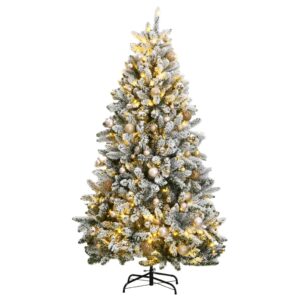 Artificial Hinged Christmas Tree with LED Lights and Ball Set  Snow Flocked  Green and White  180cm