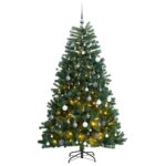 Artificial Hinged Christmas Tree with LED Lights and Decorative Ball Set  Green  180 cm