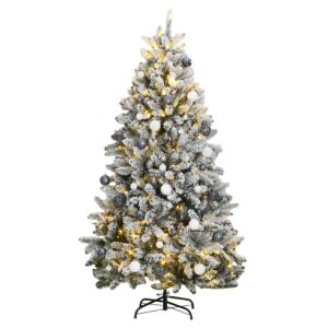 Artificial Hinged Christmas Tree with LED Lights and Ball Set  Snow Flocked  Green and White  180 cm