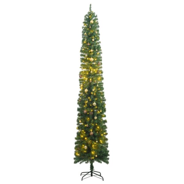 Green Slim Christmas Tree with LED Lights and Ball Set  Space-Saving Design  270 cm Tall