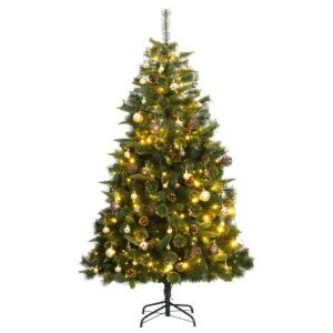 Artificial Hinged Christmas Tree with LED Lights and Ball Set - Lifelike PE Tips  Sturdy Stand  Green