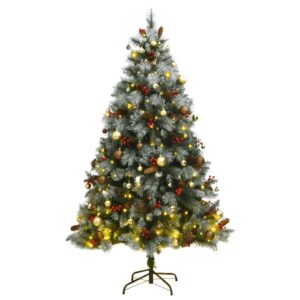 Artificial Hinged Christmas Tree with LED Lights and Decorative Ball Set  Green and White  180 cm