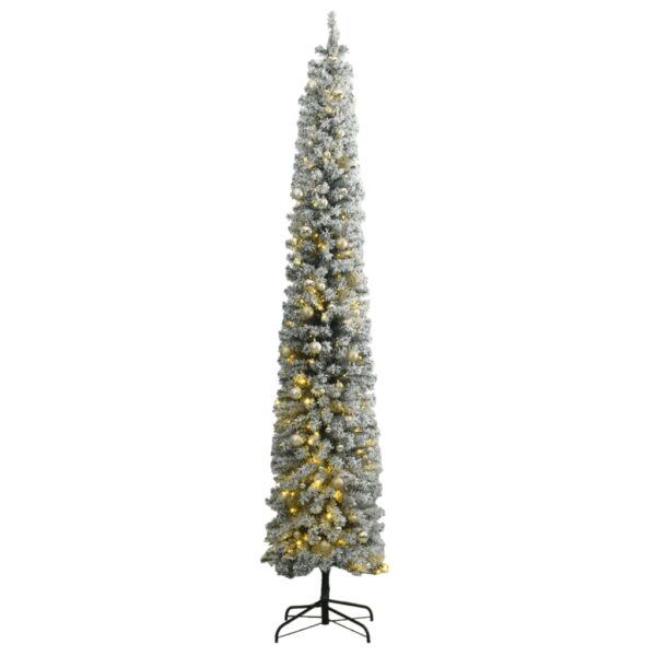 Stunning Slim Christmas Tree with LED Lights  Flocked Snow  and Decorative Ball Set