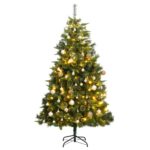 Artificial Hinged Christmas Tree with LED Lights and Ball Set - Lifelike PE Tips  Sturdy Stand  Green