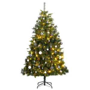 Artificial Hinged Christmas Tree with LED Lights and Decorative Ball Set  Lifelike PE Tips  Sturdy Stand  Green