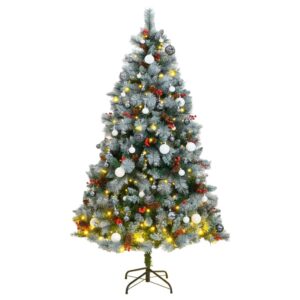 Artificial Hinged Christmas Tree with LED Lights and Decorative Ball Set  Green and White