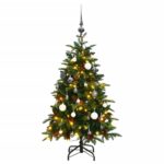 Artificial Hinged Christmas Tree with LED Lights and Ball Set - Lifelike PE Tips  Sturdy Stand  Eight Lighting Modes  Green