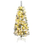 Artificial Hinged Christmas Tree with LED Lights and Ball Set  Snow Flocked  Green and White