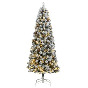 Artificial Hinged Christmas Tree with LED Lights and Decorative Ball Set  Snow Flocked  Green and White  180 cm