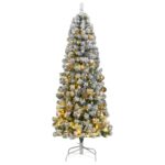 Artificial Hinged Christmas Tree with LED Lights and Decorative Ball Set  Snow Flocked  Green and White  180cm