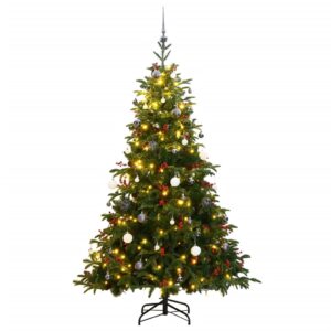 Artificial Hinged Christmas Tree with LED Lights and Ball Set - Lifelike PE Tips  Sturdy Stand  Eight Lighting Modes  Decorated with Cones and Berries