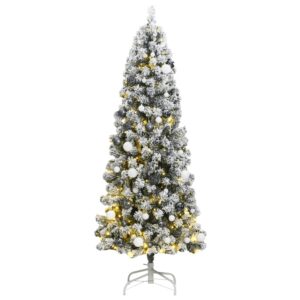 Artificial Hinged Christmas Tree with LED Lights and Ball Set  Snow Flocked  Green and White