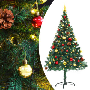 Artificial Pre-lit Christmas Tree with Baubles Green 150 cm  Indoor and Outdoor Use  PVC Material  Energy-Efficient LEDs  Four Lighting Effects  Easy Assembly  Includes Tree Topper and Pine Cones