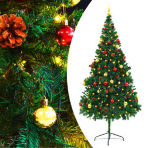 Artificial Pre-lit Christmas Tree with Baubles Green 210 cm  Indoor Outdoor Use  PVC Material  Energy-Efficient LEDs  4 Lighting Effects  Gold and Red Baubles  Easy Assembly