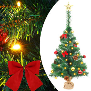 Artificial Pre-lit Christmas Tree with Baubles  Green  64 cm  Indoor and Outdoor Use  PVC  Wood  Fabric  with 20 LEDs and 4 Lighting Effects