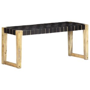 Bench 110 cm Black Real Leather and Solid Mango Wood