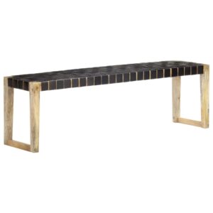 Bench 150 cm Black Real Leather and Solid Mango Wood