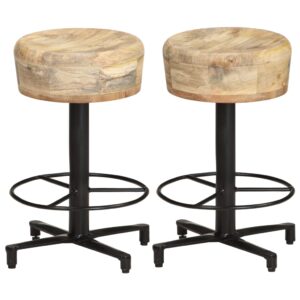 Solid Mango Wood Bar Stools Set of 2  Tropical Hardwood  Powder-Coated Iron Base  Unique Grains