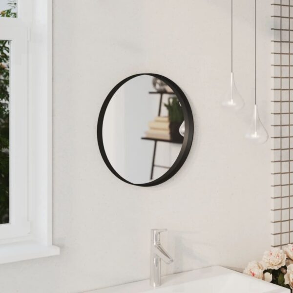 Modern Black Wall Mirror 40 cm Diameter with Powder-Coated Steel Frame and Mounting Accessories