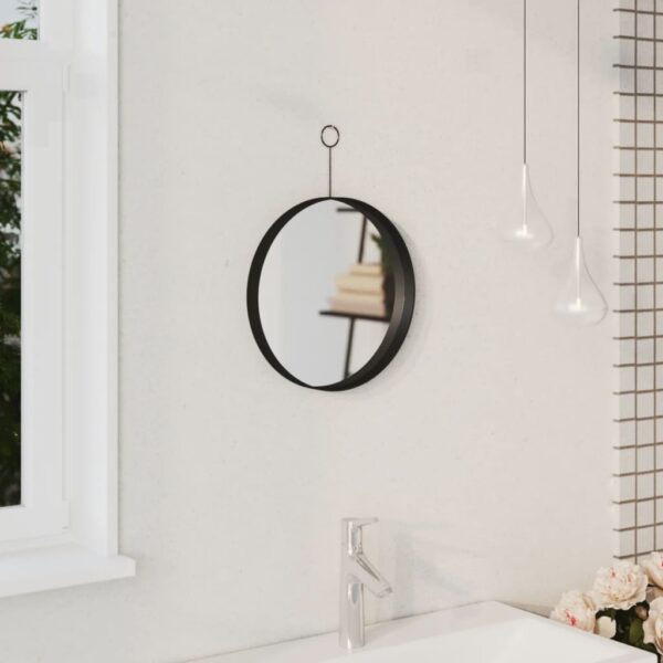 Modern Black Hanging Wall Mirror with Hook  Powder-Coated Steel Frame  30 cm Diameter