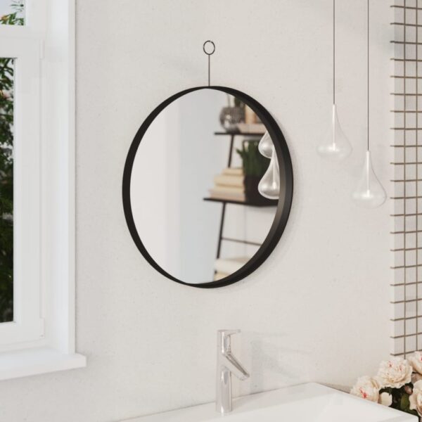 Modern Black Hanging Wall Mirror with Hook  Powder-Coated Steel Frame  50 cm Diameter