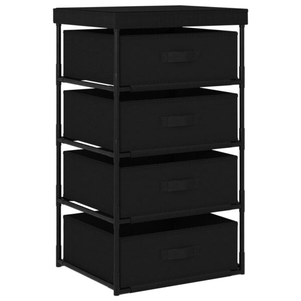 Black Steel Storage Rack with Four Removable Fabric Baskets for Home Organisation