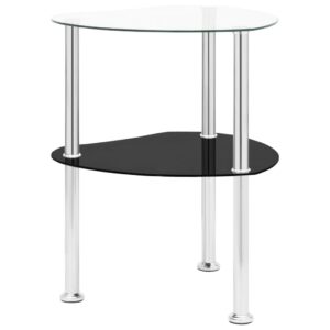 Modern 2-Tier Side Table in Transparent and Black Tempered Glass with Stainless Steel