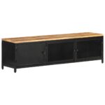 Solid Rough Mango Wood TV Cabinet with Iron Legs  Industrial   Three Doors