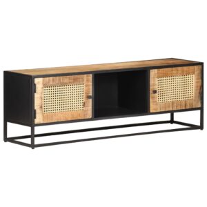 Rustic Mango Wood TV Cabinet with Natural Cane Detailing and Iron Frame - No Assembly Required