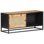 Rustic Mango Wood TV Cabinet with Natural Cane Detailing and Iron Frame - Ample Storage